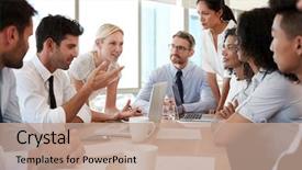  Presentation with meeting table - Theme having culture - group of businesspeople meeting background and a coral colored foreground