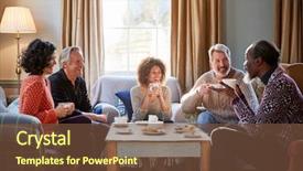  Presentation with meeting table - Presentation enhanced with culture - group of middle aged friends background and a tawny brown colored foreground