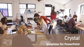  Presentation with staff - Cool new PPT layouts with culture - interior of busy design office backdrop and a coral colored foreground
