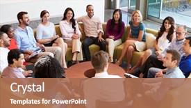  Presentation with staff meeting - Slide set with culture - multi-cultural office staff sitting having background and a coral colored foreground