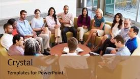  Presentation with staff meeting - PPT theme featuring culture - multi-cultural office staff sitting having background and a coral colored foreground