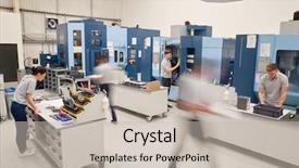  Presentation with engineering - Presentation featuring industrial 5s - busy engineering workshop with workers background and a soft green colored foreground