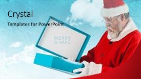  Presentation with gift - Theme with christian art - santa claus opening and looking background and a light blue colored foreground