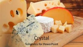 Presentation with blue aged wood sign - Theme having culture tradition - many delicious aged cheeses background and a coral colored foreground