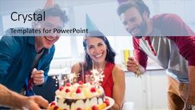  Presentation with celebrate office success - Cool new presentation theme with colleagues celebrating a birthday backdrop and a light blue colored foreground