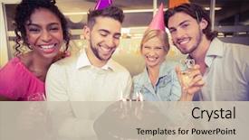  Presentation with five business people standing together and smiling - PPT theme consisting of smiling business people with birthday background and a soft green colored foreground