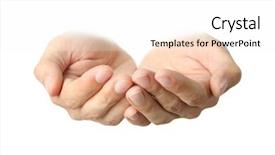  Presentation with empty - Theme with cup - empty male hands isolated background and a sky blue colored foreground