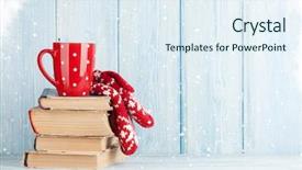  Presentation with hot chocolate - PPT layouts consisting of cup and mittens over book background and a sky blue colored foreground