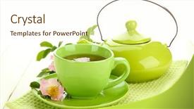  Presentation with hip - Presentation theme consisting of cup and teapot of herbal tea with hip rose flowers on white wooden table background and a cream colored foreground