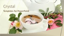  Presentation with hip - Slide set featuring cup and teapot of herbal tea with hip rose flowers on white wooden table background and a cream colored foreground