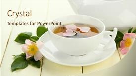  Presentation with hip - Slide deck consisting of cup and teapot of herbal tea with hip rose flowers on white wooden table background and a cream colored foreground