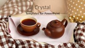  Presentation with teapot - Presentation theme consisting of cup and teapot on tray on bed close up background and a coral colored foreground