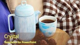  Presentation with teapot - Presentation design with cup and teapot with candies on wooden stand on bed close up background and a tawny brown colored foreground