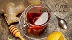  Presentation with ginger lemon drink - Slides with cup-black-tea-with-ginger background and a coral colored foreground