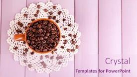  Presentation with color full - Presentation consisting of cup full of coffee beans on color wooden background background and a pink colored foreground