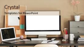  Presentation with monitor computer - Slide set enhanced with cup holder - modern design of workplace background and a  colored foreground