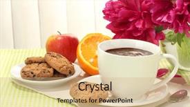  Presentation with hot chocolate - Presentation theme consisting of cup hot chocolate apple orange cookies and flowers on table in cafe background and a coral colored foreground