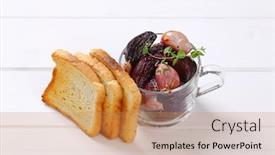  Presentation with beetroot - Amazing slide deck having cup of baked beetroot with garlic and toasts on white wooden background backdrop and a coral colored foreground