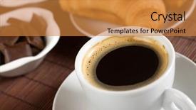  Presentation with coffee chocolate - Theme enhanced with cup of black espresso coffee served with croissants and chocolate background and a gold colored foreground