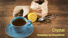  Presentation with black tea - Presentation enhanced with cup of black tea with lemon on wooden table background and a tawny brown colored foreground