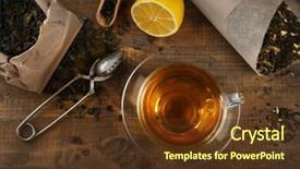  Presentation with black tea - Presentation theme enhanced with cup of black tea with lemon on wooden table background and a tawny brown colored foreground