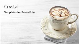  Presentation with cappuccino - PPT theme featuring cup of cappuccino with chocolate syrup on light wooden table background and a white colored foreground