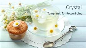  Presentation with muffin - Colorful slide set enhanced with cup of chamomile tea with chamomile flowers and tasty muffin on color wooden background backdrop and a sky blue colored foreground