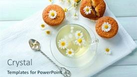  Presentation with muffins - Presentation with cup of chamomile tea background and a sky blue colored foreground