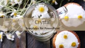  Presentation with muffins - Beautiful PPT theme featuring cup of chamomile tea with chamomile flowers and tasty muffins on color wooden background backdrop and a coral colored foreground
