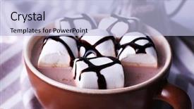  Presentation with cocoa - Presentation theme with cup of cocoa with marshmallows on tray and stripped napkin closeup background and a light blue colored foreground
