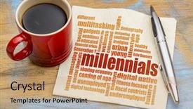  Presentation with millennials - Theme with cup of coffee - demography background and a coral colored foreground