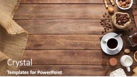  Presentation with coffee beans - PPT theme having cup of coffee and beans on wooden background table top view background and a tawny brown colored foreground