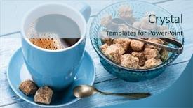  Presentation with sugar cane - Audience pleasing theme consisting of cup of coffee and cane sugar cubes on old blue wooden table backdrop and a sky blue colored foreground