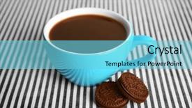  Presentation with coffee chocolate - Amazing theme having cup of coffee and chocolate cookies with cream on fabric background backdrop and a light blue colored foreground