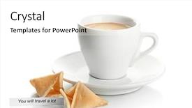  Presentation with fortune cookie game - Beautiful PPT theme featuring cup of coffee and fortune backdrop and a  colored foreground