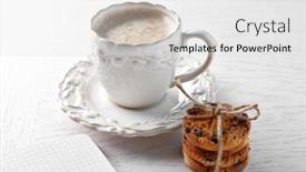  Presentation with coffee chocolate - Beautiful presentation design featuring cup of coffee and pile of tasty cookies with chocolate crumbs on white wooden table backdrop and a light gray colored foreground