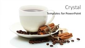  Presentation with cinnamon - Colorful slide set enhanced with cup of coffee beans and cinnamon sticks isolated on white backdrop and a white colored foreground
