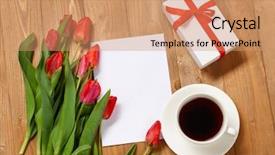  Presentation with wooden boat at sea edge - Presentation design having cup of coffee blank paper background and a coral colored foreground