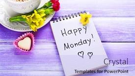  Presentation with coffee chocolate - Slides having cup of coffee chocolate candy flowers and note happy monday on wooden background background and a light blue colored foreground
