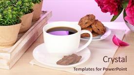  Presentation with coffee and sweet chocolate brownies - Cool new presentation with cup of coffee cookies chocolate backdrop and a lemonade colored foreground