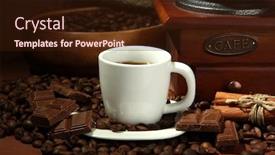  Presentation with coffee beans - Beautiful PPT layouts featuring cup of coffee grinder and coffee beans on brown background backdrop and a wine colored foreground