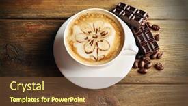  Presentation with coffee chocolate - Colorful presentation design enhanced with cup of coffee latte art with grains and chocolate on wooden background backdrop and a tawny brown colored foreground