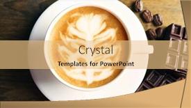  Presentation with coffee chocolate - Presentation theme featuring cup of coffee latte art with grains and chocolate on wooden table top view background and a yellow colored foreground