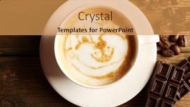  Presentation with coffee chocolate - Presentation consisting of cup of coffee latte art with grains and chocolate on wooden table top view background and a yellow colored foreground