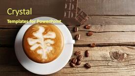  Presentation with coffee chocolate - Cool new PPT theme with cup of coffee latte art with grains and chocolate on wooden table top view backdrop and a tawny brown colored foreground