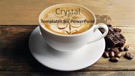  Presentation with coffee chocolate - Amazing PPT theme having cup of coffee latte art with grains and chocolate on wooden background backdrop and a coral colored foreground