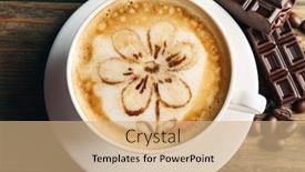  Presentation with coffee chocolate - Beautiful PPT layouts featuring cup of coffee latte art with grains and chocolate on wooden table top view backdrop and a coral colored foreground