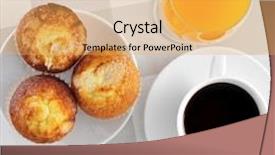  Presentation with muffins - Colorful presentation design enhanced with cup of coffee muffins and orange juice on a set table backdrop and a yellow colored foreground