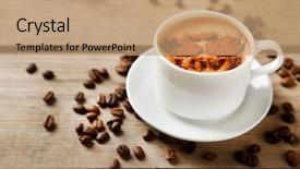  Presentation with old wooden table food - Theme with cup of coffee on old background and a coral colored foreground