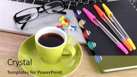 Presentation with pen laptop coffee cup clips - Beautiful PPT theme featuring cup of coffee on table backdrop and a yellow colored foreground